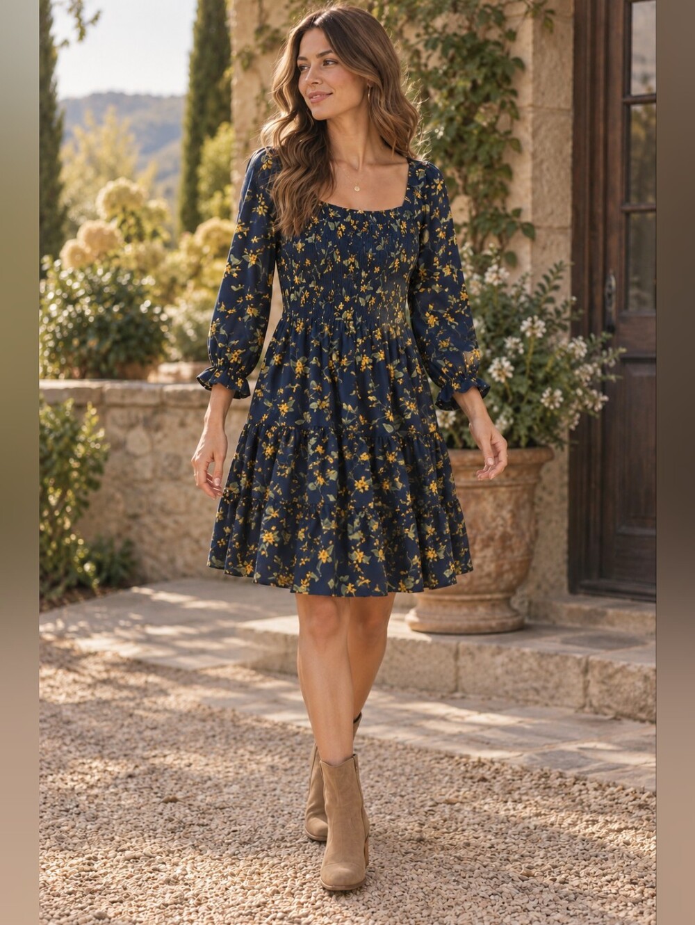 Baltic Born Floral Smocked Midi Dress Medium Navy Yellow 3/4 Sleeve Ruffle Party